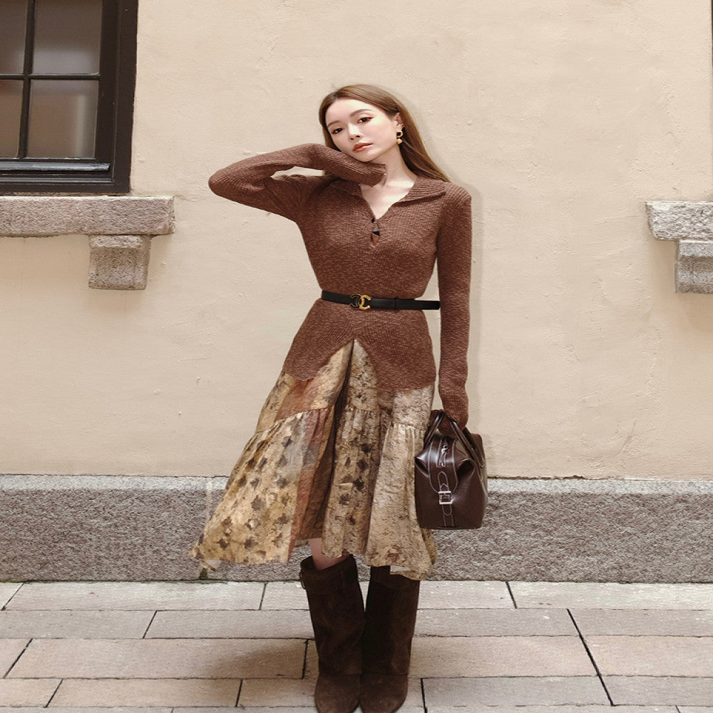 SMOL vintage chestnut brown V neck hollow knit sweater for women in autumn and winter slim fit and slimming temperament long sleeved top image 5
