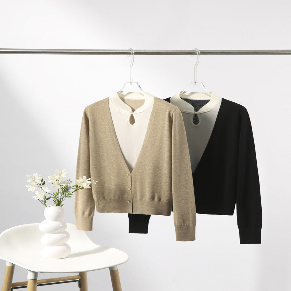 Recommended by the hostess The most gentle beauty Rongyan new Chinese style water drop collar fake two piece stitching knitted small top image 3