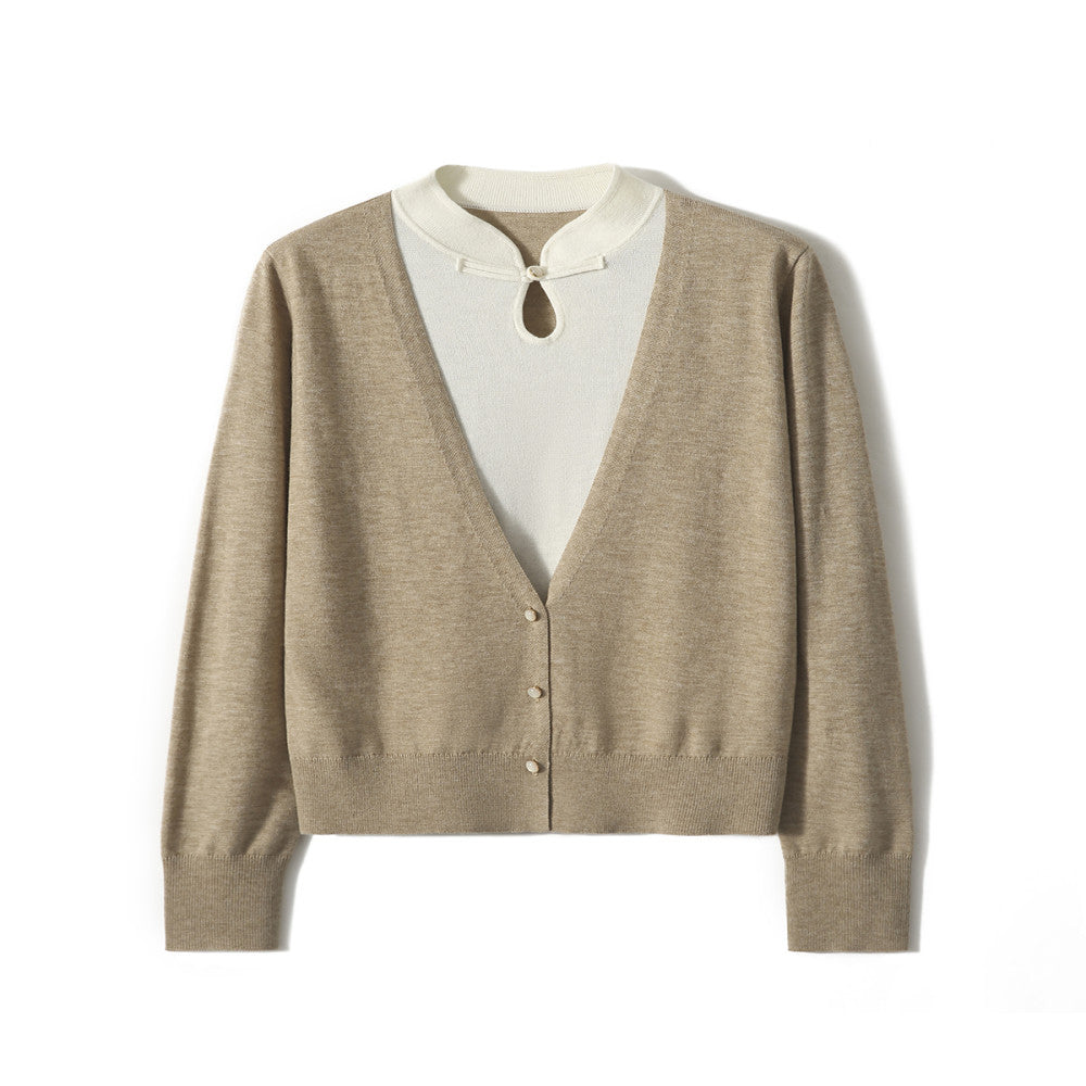 Recommended by the hostess The most gentle beauty Rongyan new Chinese style water drop collar fake two piece stitching knitted small top image 5