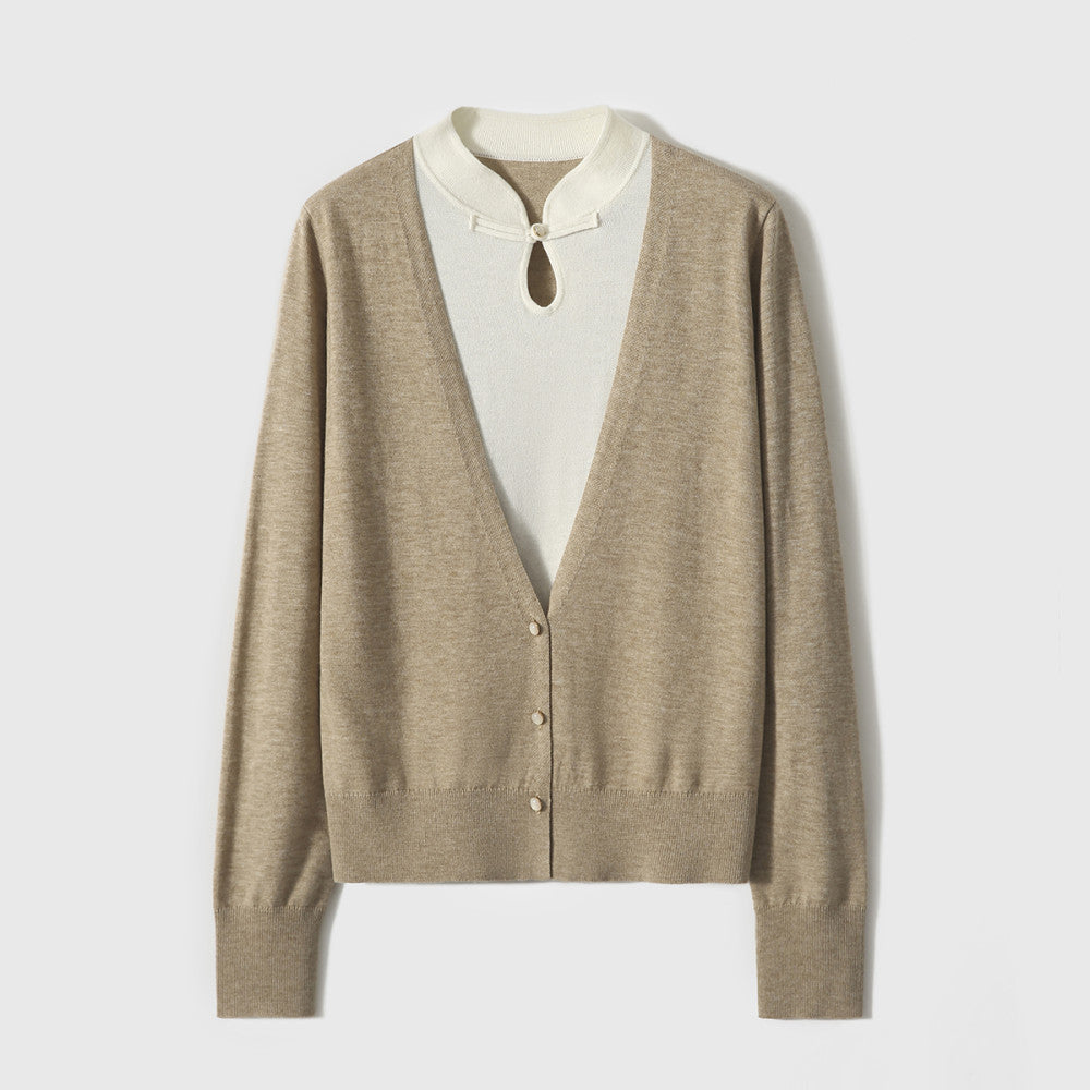 Recommended by the hostess The most gentle beauty Rongyan new Chinese style water drop collar fake two piece stitching knitted small top image 6