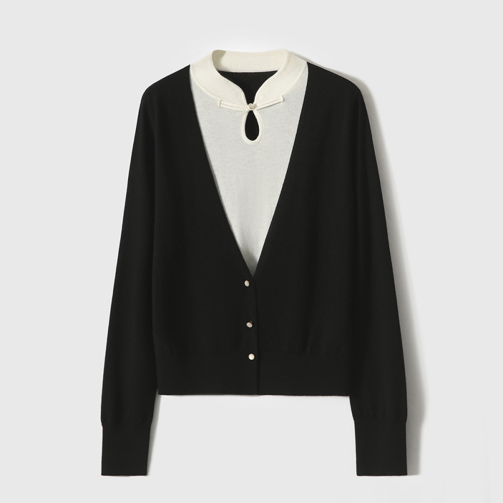 Recommended by the hostess The most gentle beauty Rongyan new Chinese style water drop collar fake two piece stitching knitted small top image 14