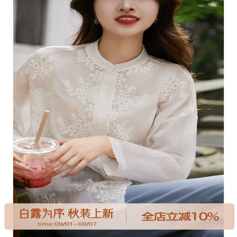Xiaohan Pavilion Heavy relief pattern full ramie embroidery literary shirt female gentle temperament top spring and autumn image 1