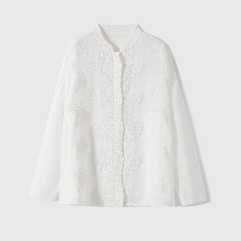 Xiaohan Pavilion Heavy relief pattern full ramie embroidery literary shirt female gentle temperament top spring and autumn image 11