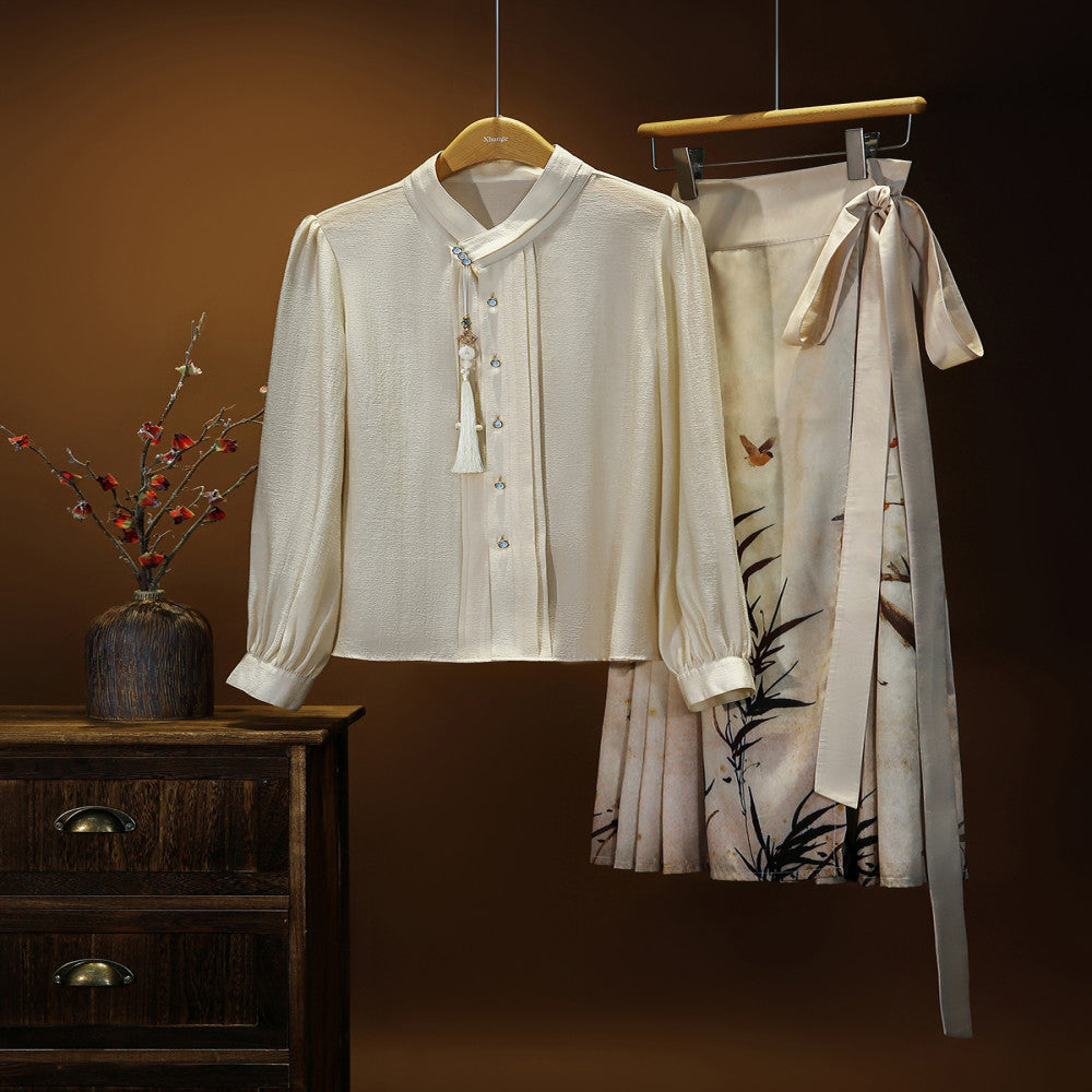 Xiaohan Pavilion Romantic Meeting Chinese Style New Chinese Top Positioning Flower and Bird Printed Horse Face Half Skirt Two Piece Set image 2