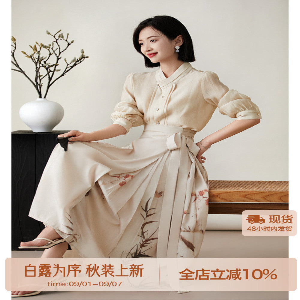 Xiaohan Pavilion Romantic Meeting Chinese Style New Chinese Top Positioning Flower and Bird Printed Horse Face Half Skirt Two Piece Set image 0