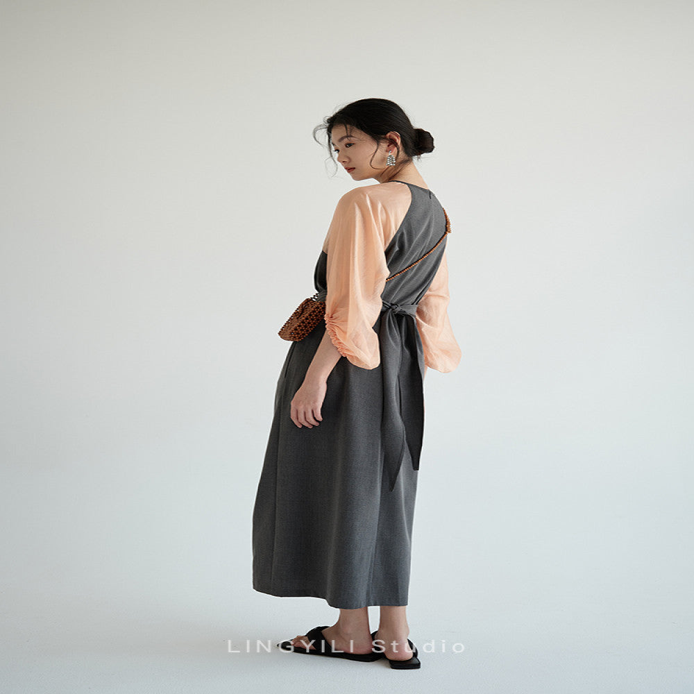LINGYLI Xia original color blocking splicing unlimited body shape adjustable waist straps lantern sleeves sheer dress image 7