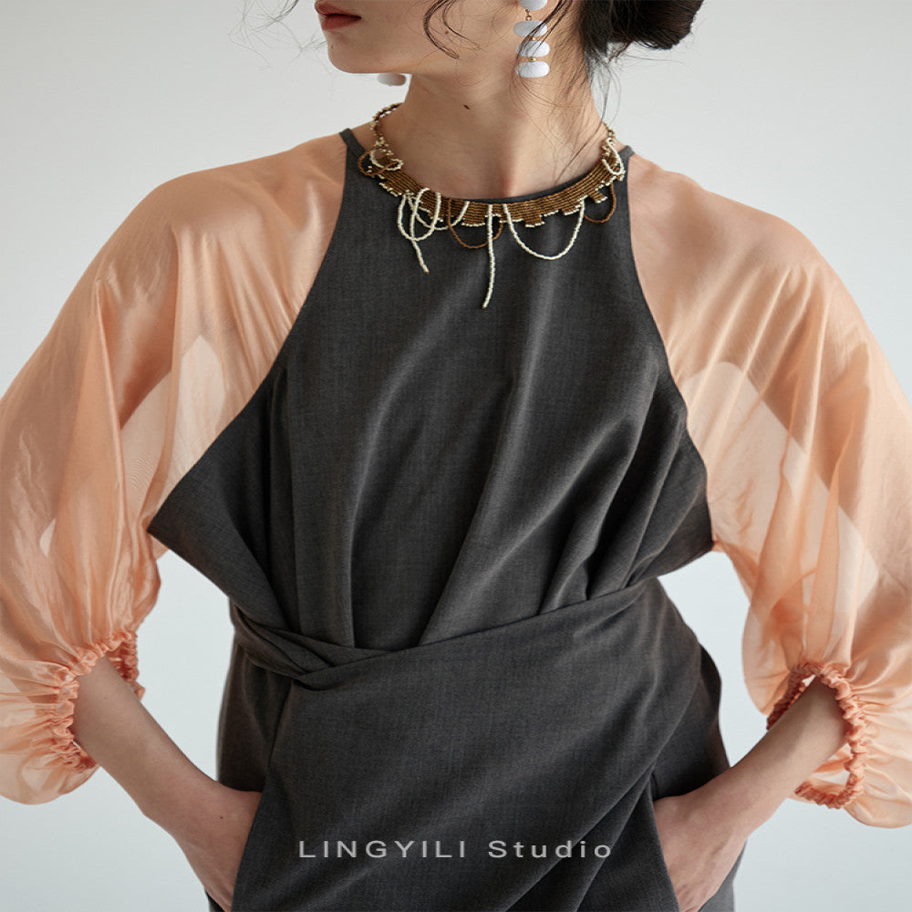 LINGYLI Xia original color blocking splicing unlimited body shape adjustable waist straps lantern sleeves sheer dress image 16