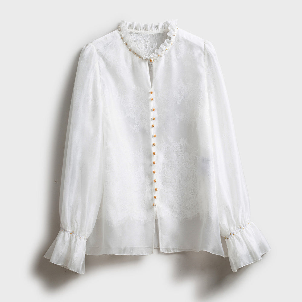 Jiaqi Custom Silk Collar and Cuffs Fully Hand beaded French Stand Collar Lightweight Double Lace Shirt image 7