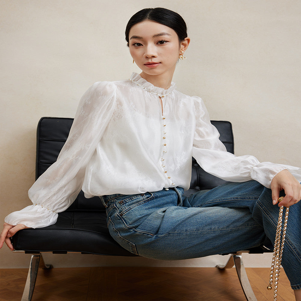 Jiaqi Custom Silk Collar and Cuffs Fully Hand beaded French Stand Collar Lightweight Double Lace Shirt image 19