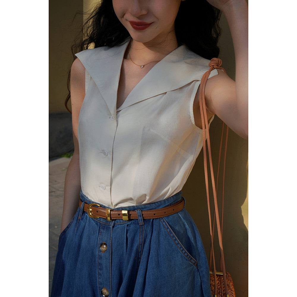 Ching s French Retro Colorful Large Collar Shirt Cool and Exquisite Versatile Small Shirt Sleeveless Commuter Top Summer image 13