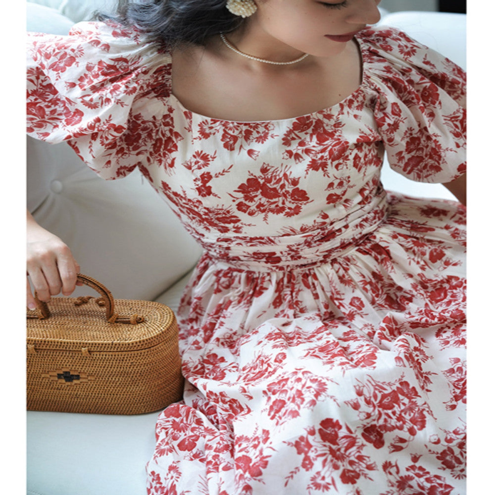 Chings French retro one neck printed dress with Hepburn style high waist slimming bubble sleeves cotton A line skirt image 1