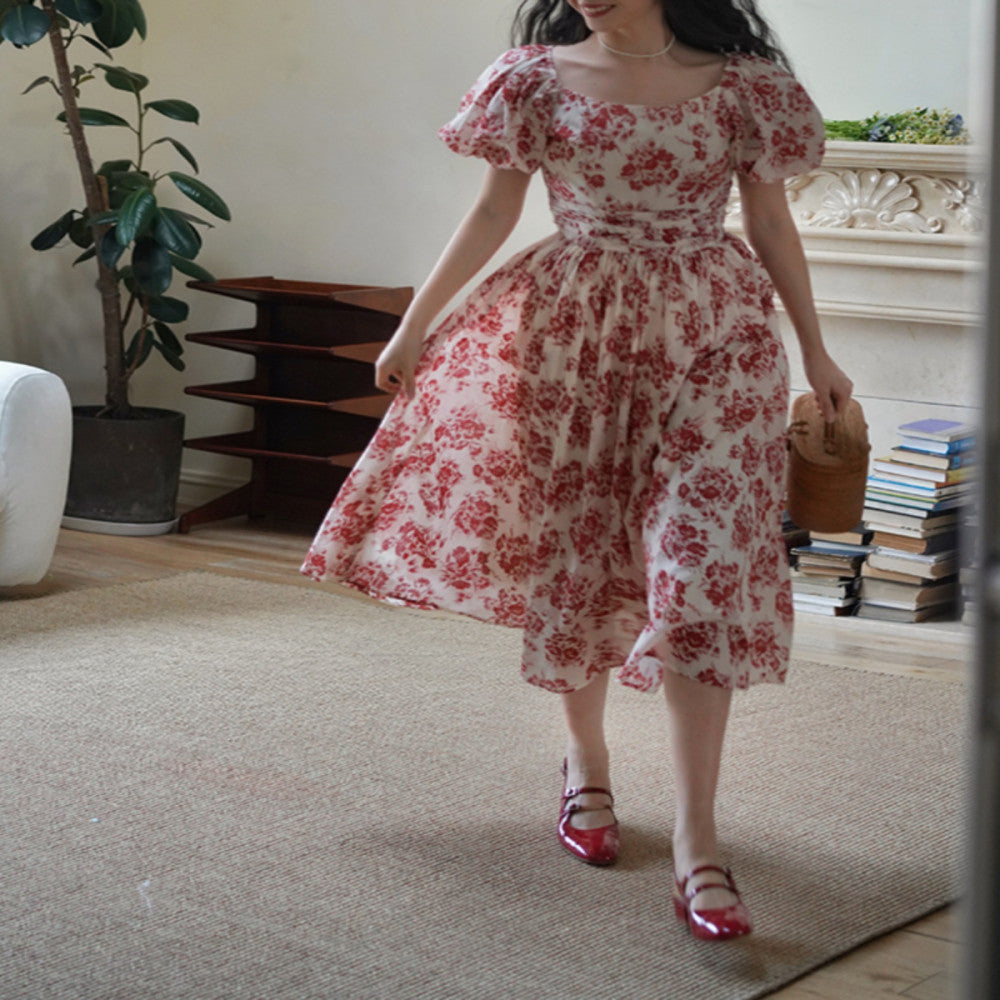 Chings French retro one neck printed dress with Hepburn style high waist slimming bubble sleeves cotton A line skirt image 2