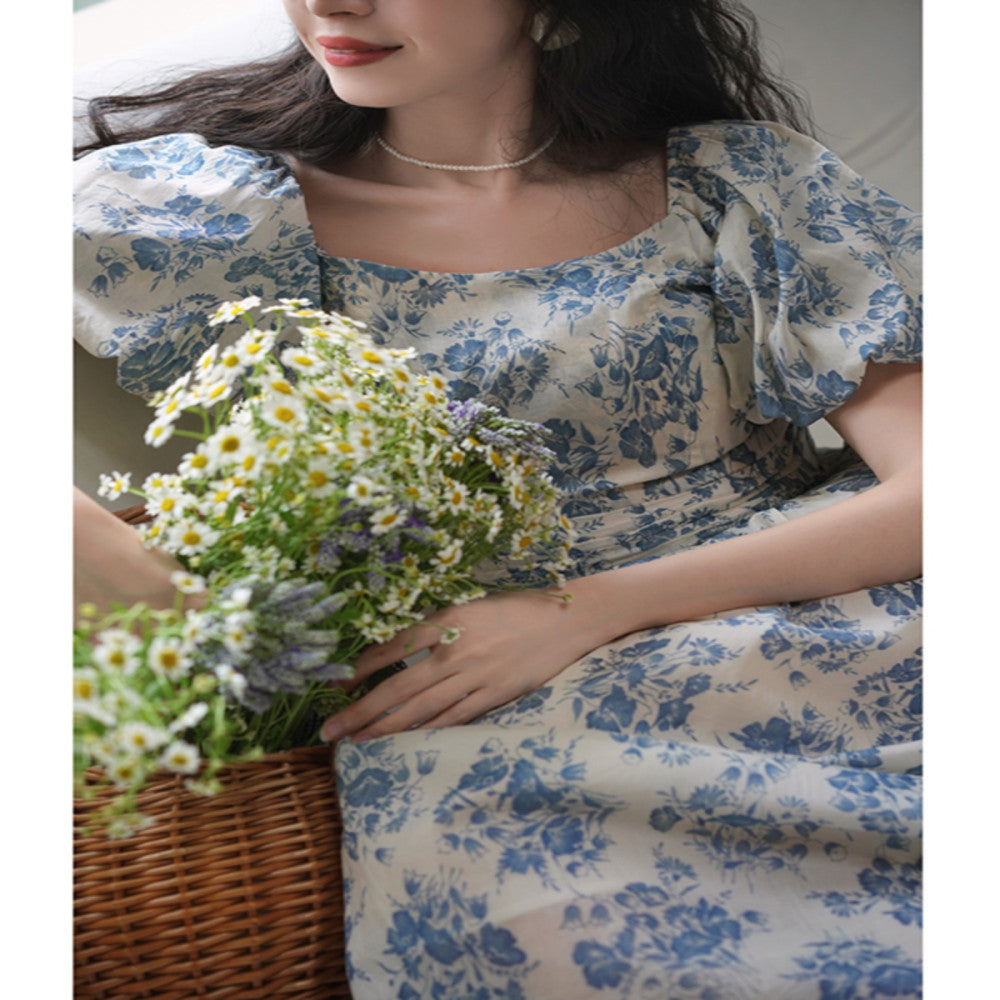 Chings French retro one neck printed dress with Hepburn style high waist slimming bubble sleeves cotton A line skirt image 3