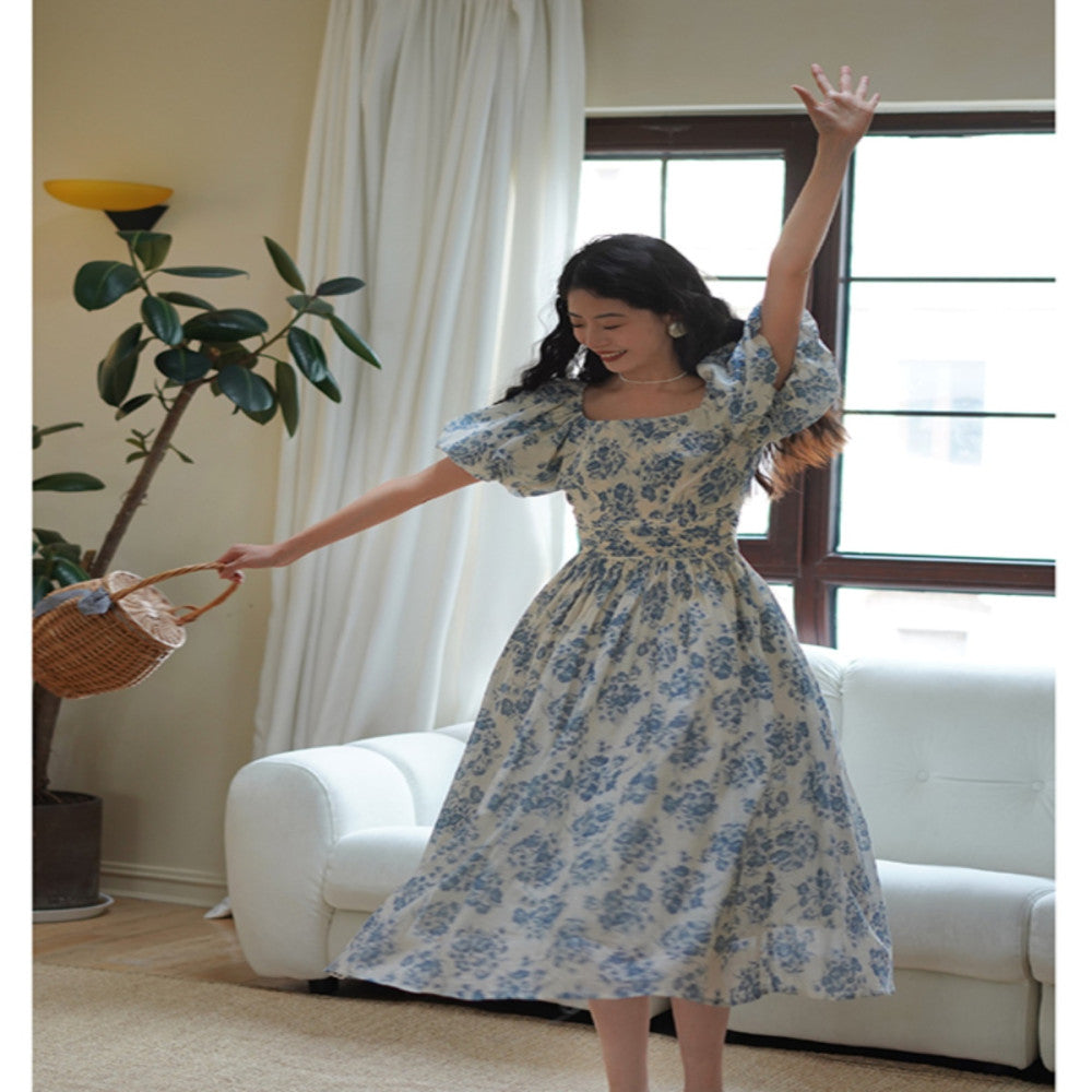 Chings French retro one neck printed dress with Hepburn style high waist slimming bubble sleeves cotton A line skirt image 4