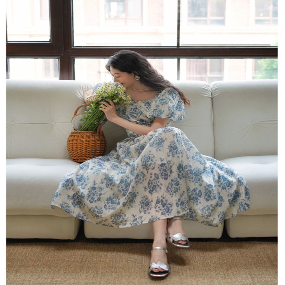 Chings French retro one neck printed dress with Hepburn style high waist slimming bubble sleeves cotton A line skirt image 5