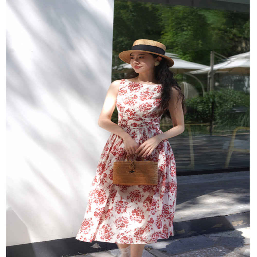 Chings retro printed one necked backless dress with a high waist and slimming effect featuring a large swing skirt and a Hepburn style slimming look image 1