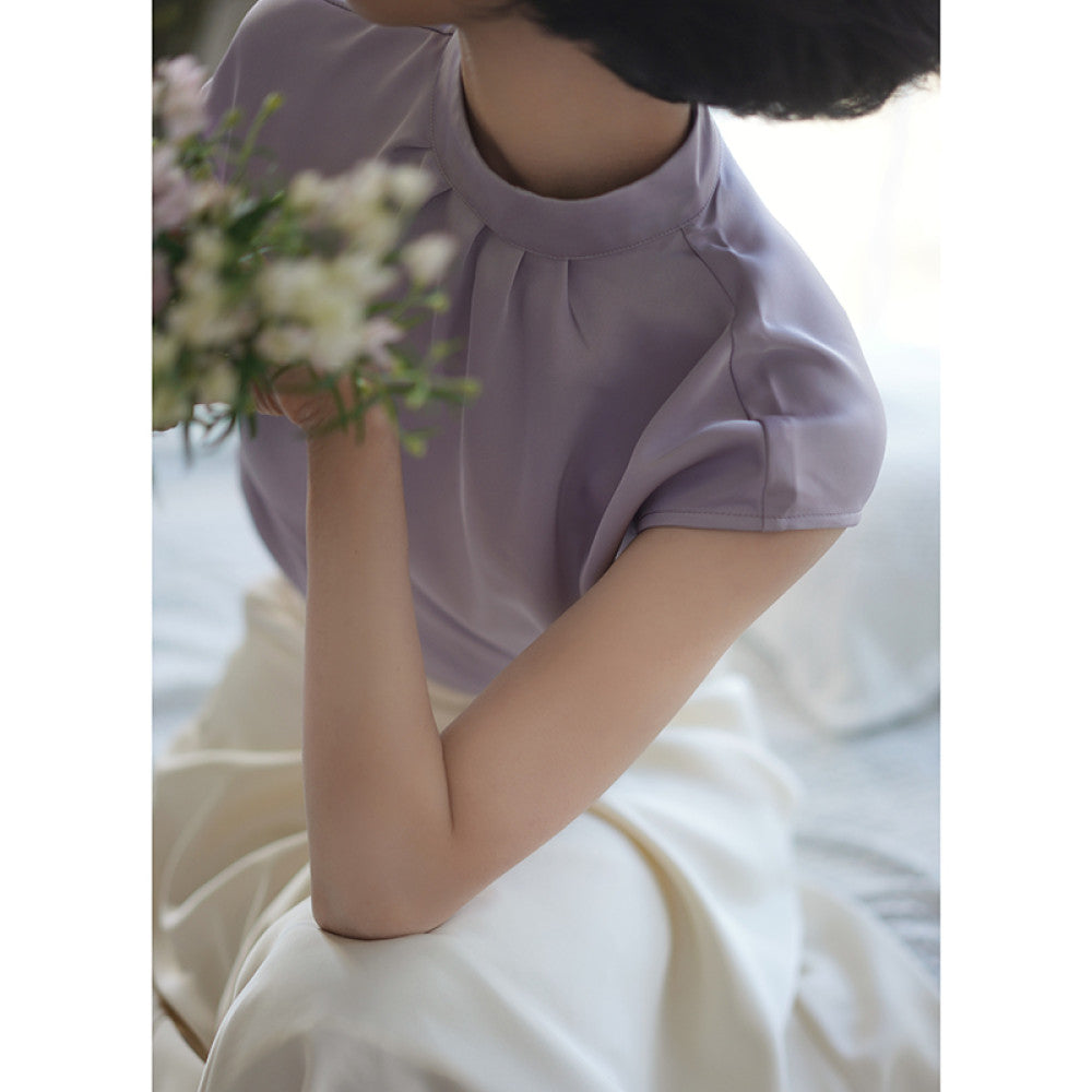 Ching s French retro elegant satin top with a half high collar to cover the flesh OL commuter outfit that looks white and versatile in summer image 13