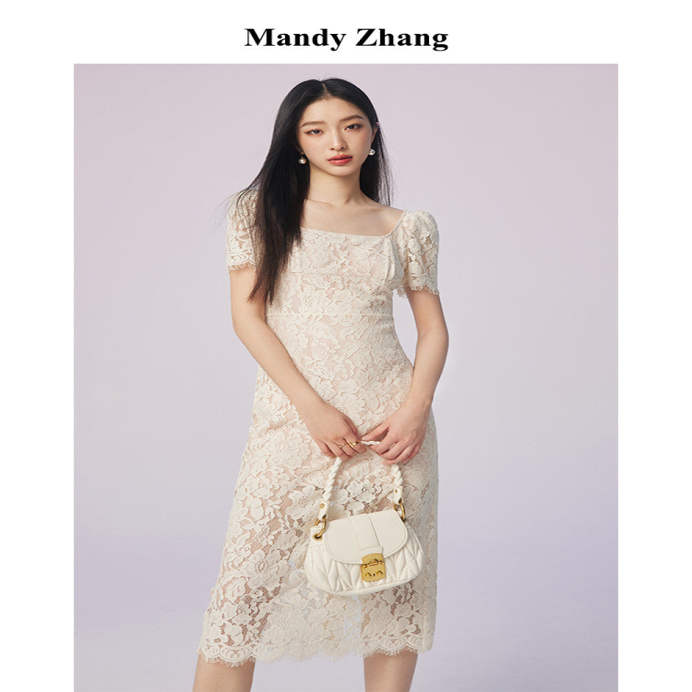 MandyZhang white heavy lace dress female summer French style light luxury temperament slim engagement dress skirt image 1