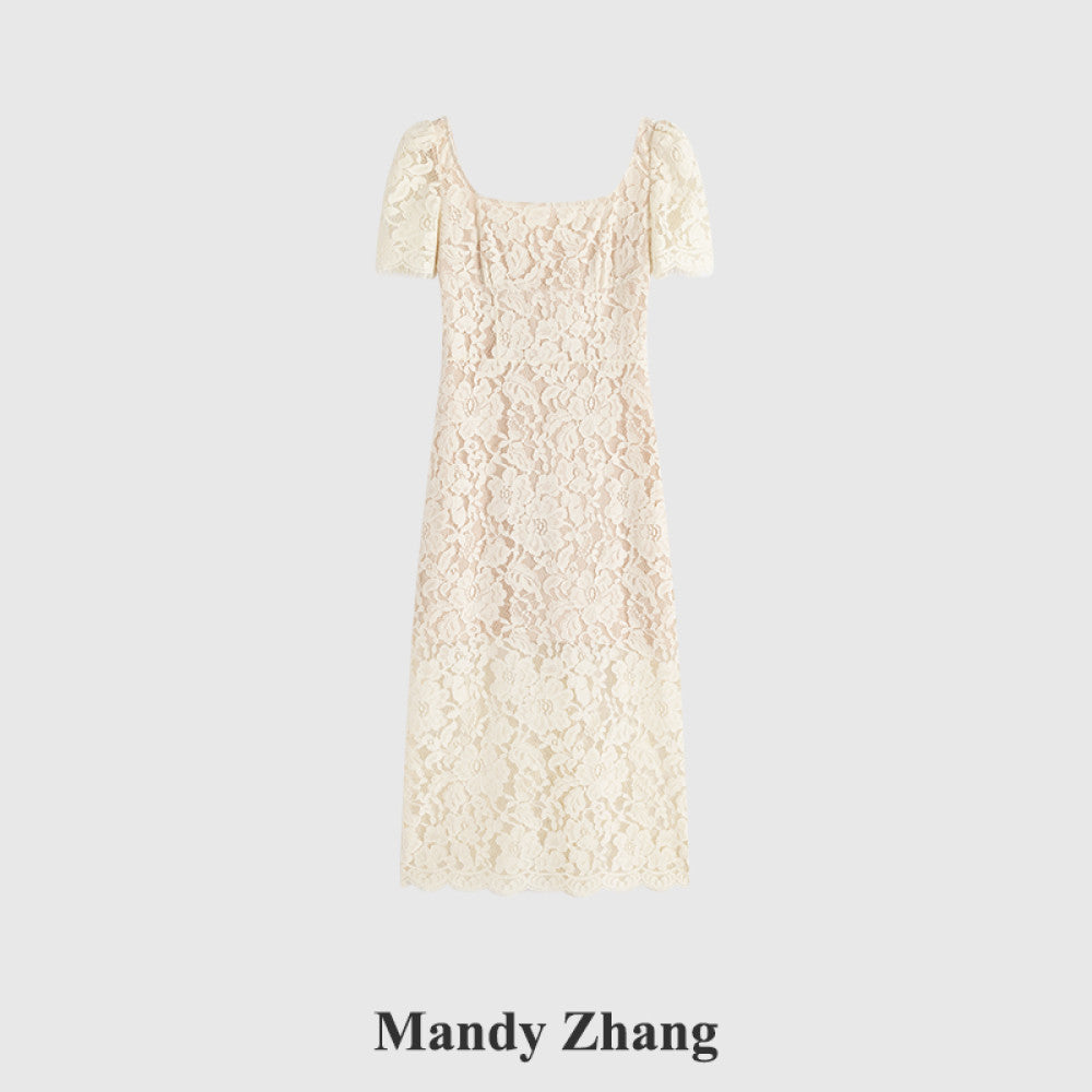 MandyZhang white heavy lace dress female summer French style light luxury temperament slim engagement dress skirt image 16
