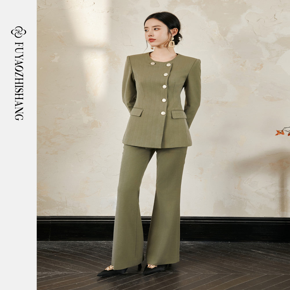 Customized runway haute couture light commuting wool suit set for women s micro flared pants no returns or exchanges supported image 1