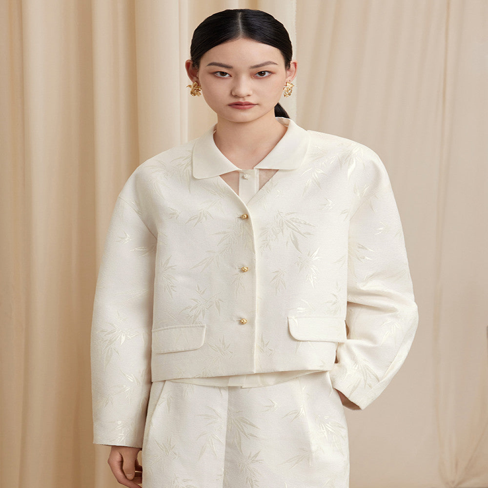 Ruyi Lianyun Zhuqing Bamboo Jacquard Chenille Short Jacket Women s New Chinese Style Metal Button Collarless Top image 1