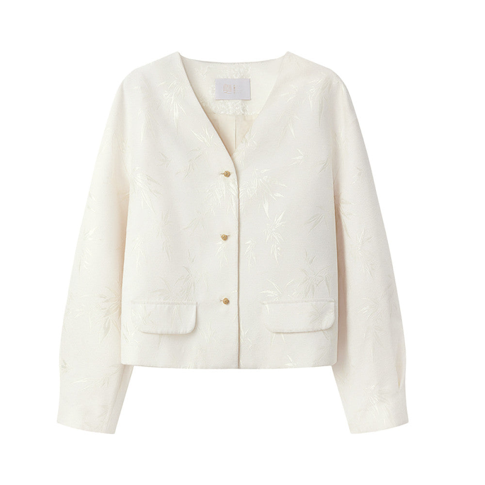 Ruyi Lianyun Zhuqing Bamboo Jacquard Chenille Short Jacket Women s New Chinese Style Metal Button Collarless Top image 11