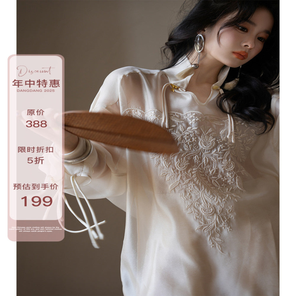 dangdang Cluster of Flowers design stand up collar 2025 new shirt women s new Chinese style embroidered tassel shirt image 0