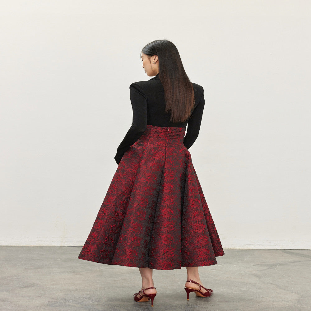 Hello Peppa red rose three dimensional jacquard skirt for women in spring 2025 new retro high waisted puffy skirt umbrella skirt image 2