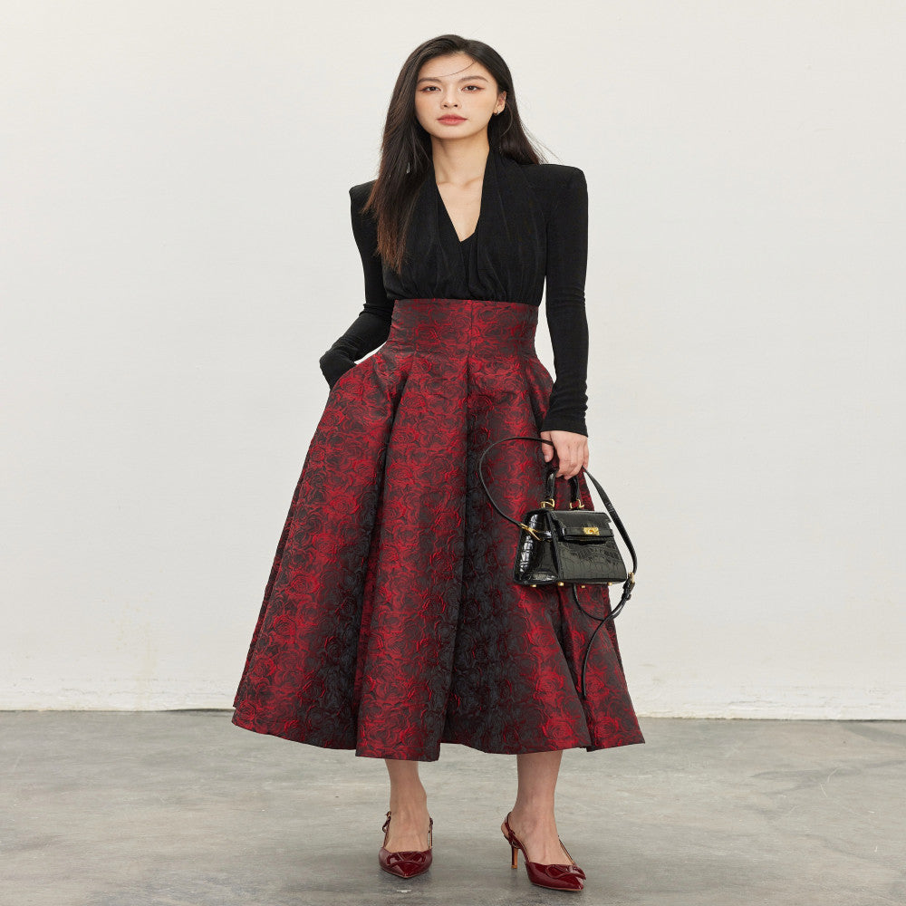 Hello Peppa red rose three dimensional jacquard skirt for women in spring 2025 new retro high waisted puffy skirt umbrella skirt image 3
