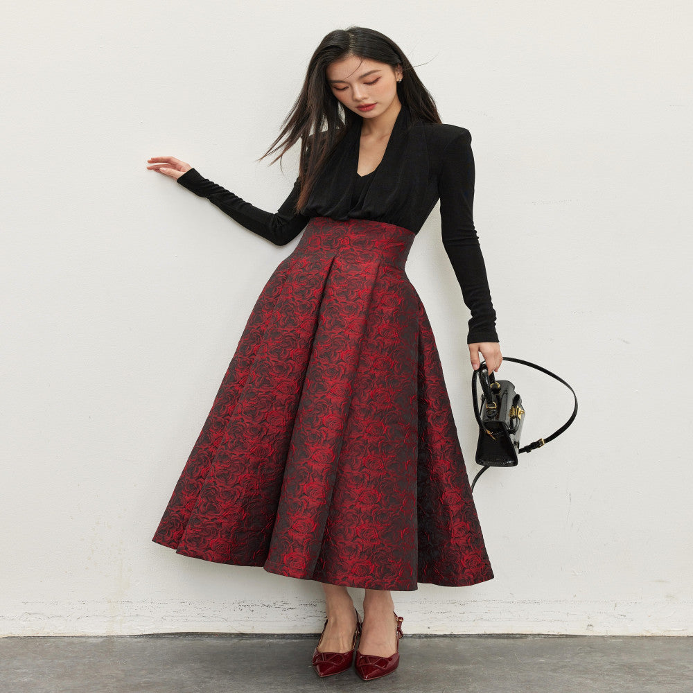 Hello Peppa red rose three dimensional jacquard skirt for women in spring 2025 new retro high waisted puffy skirt umbrella skirt image 4