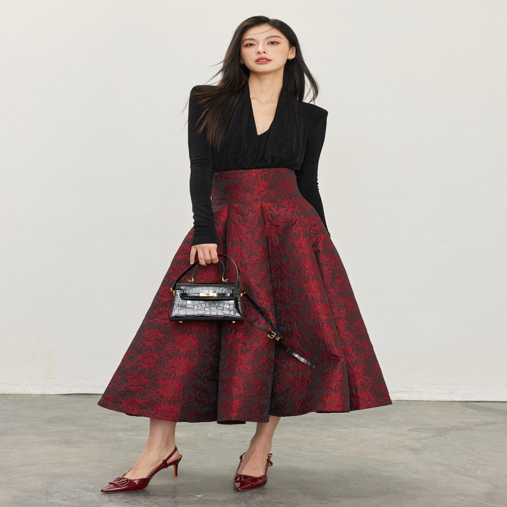 Hello Peppa red rose three dimensional jacquard skirt for women in spring 2025 new retro high waisted puffy skirt umbrella skirt image 7