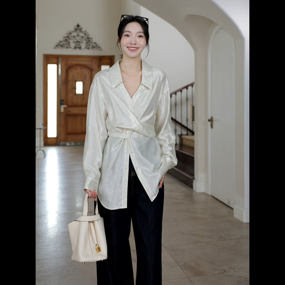 Guo Jiujiu wool acetate Tencel design cross waist slim shirt autumn niche top wide leg jeans image 53