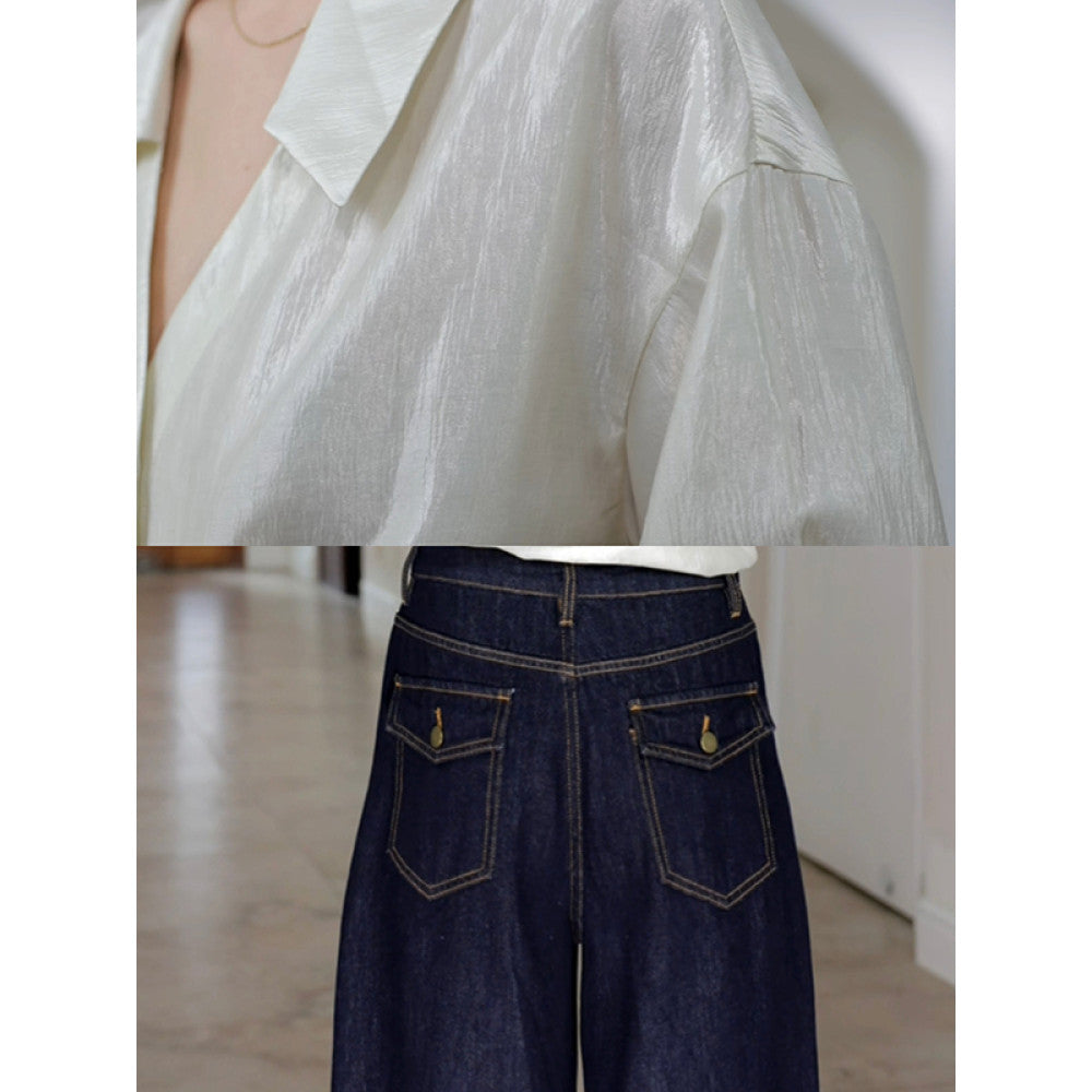 Guo Jiujiu wool acetate Tencel design cross waist slim shirt autumn niche top wide leg jeans image 54
