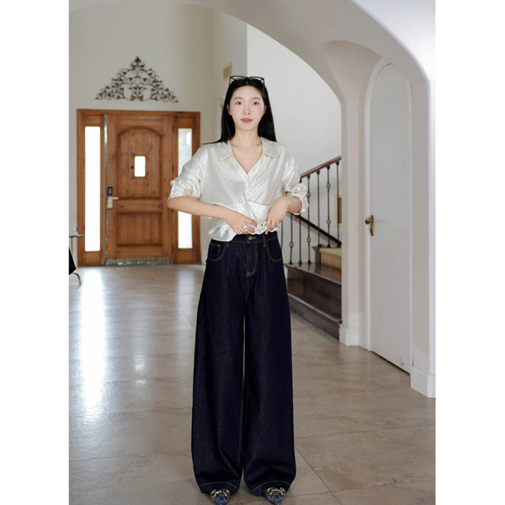 Guo Jiujiu wool acetate Tencel design cross waist slim shirt autumn niche top wide leg jeans image 56