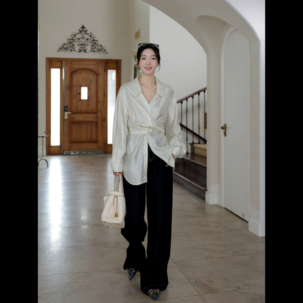 Guo Jiujiu wool acetate Tencel design cross waist slim shirt autumn niche top wide leg jeans image 57