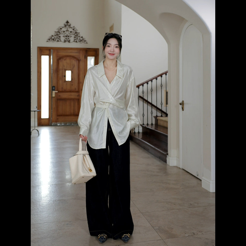 Guo Jiujiu wool acetate Tencel design cross waist slim shirt autumn niche top wide leg jeans image 77