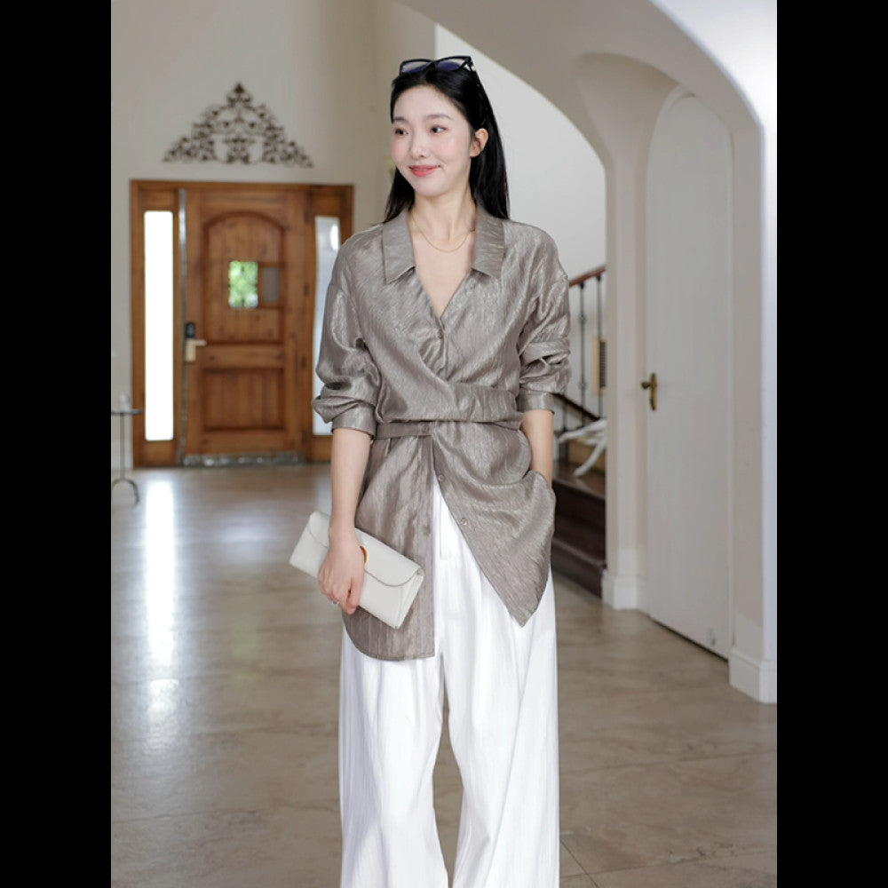 Guo Jiujiu wool acetate Tencel design cross waist slim shirt autumn niche top wide leg jeans image 5