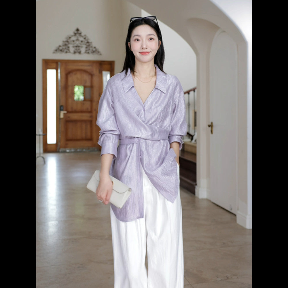 Guo Jiujiu wool acetate Tencel design cross waist slim shirt autumn niche top wide leg jeans image 19