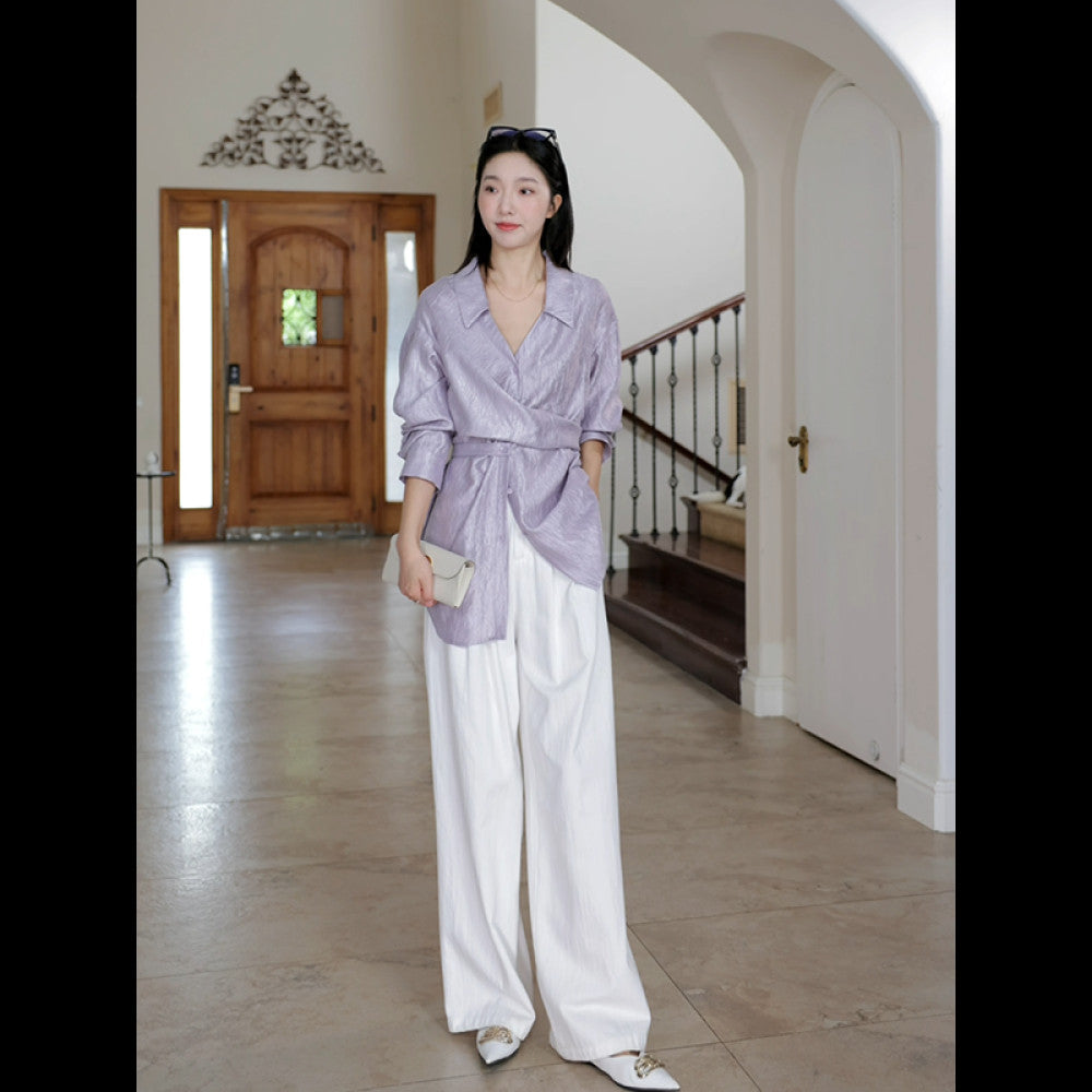 Guo Jiujiu wool acetate Tencel design cross waist slim shirt autumn niche top wide leg jeans image 36