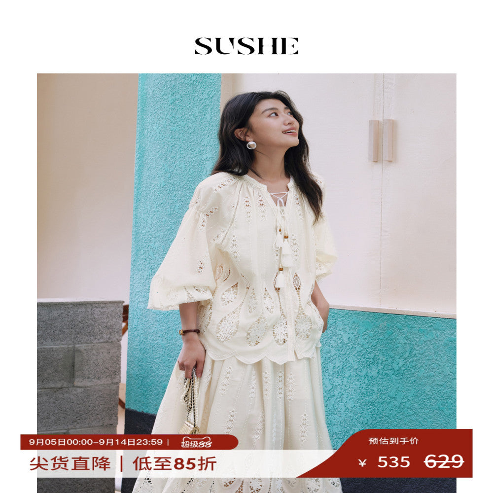 Shuxi SUSHE Lily Bird Tail Carving Hole Embroidery French Luxury V neck Shirt Top Skirt Set for Women Autumn image 1