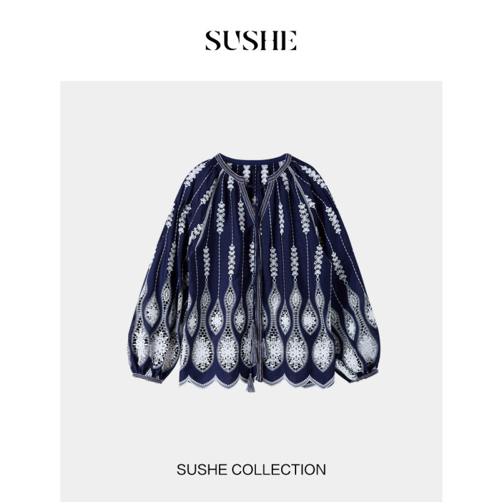 Shuxi SUSHE Lily Bird Tail Carving Hole Embroidery French Luxury V neck Shirt Top Skirt Set for Women Autumn image 8