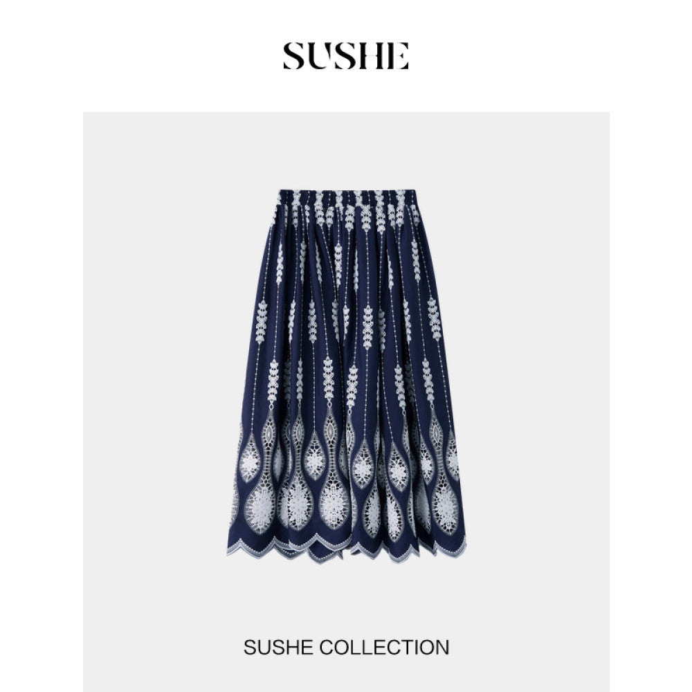 Shuxi SUSHE Lily Bird Tail Carving Hole Embroidery French Luxury V neck Shirt Top Skirt Set for Women Autumn image 19