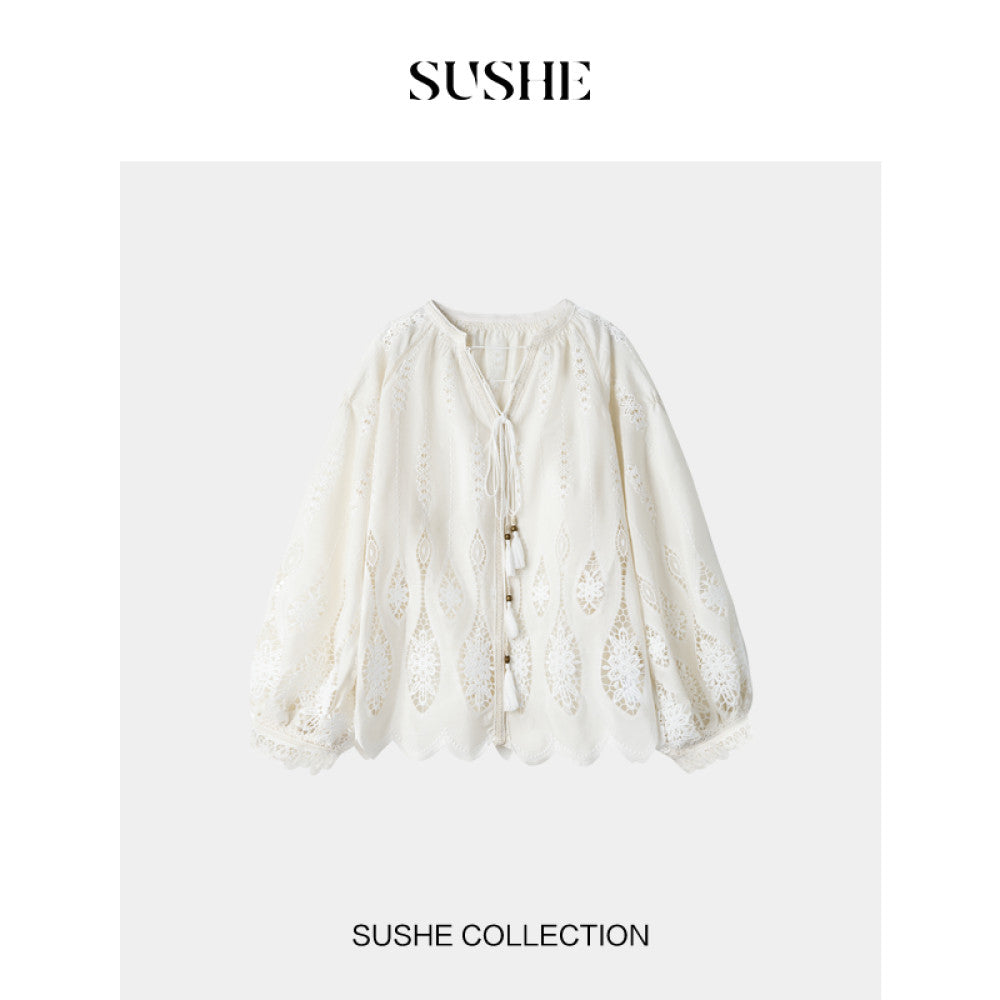 Shuxi SUSHE Lily Bird Tail Carving Hole Embroidery French Luxury V neck Shirt Top Skirt Set for Women Autumn image 27