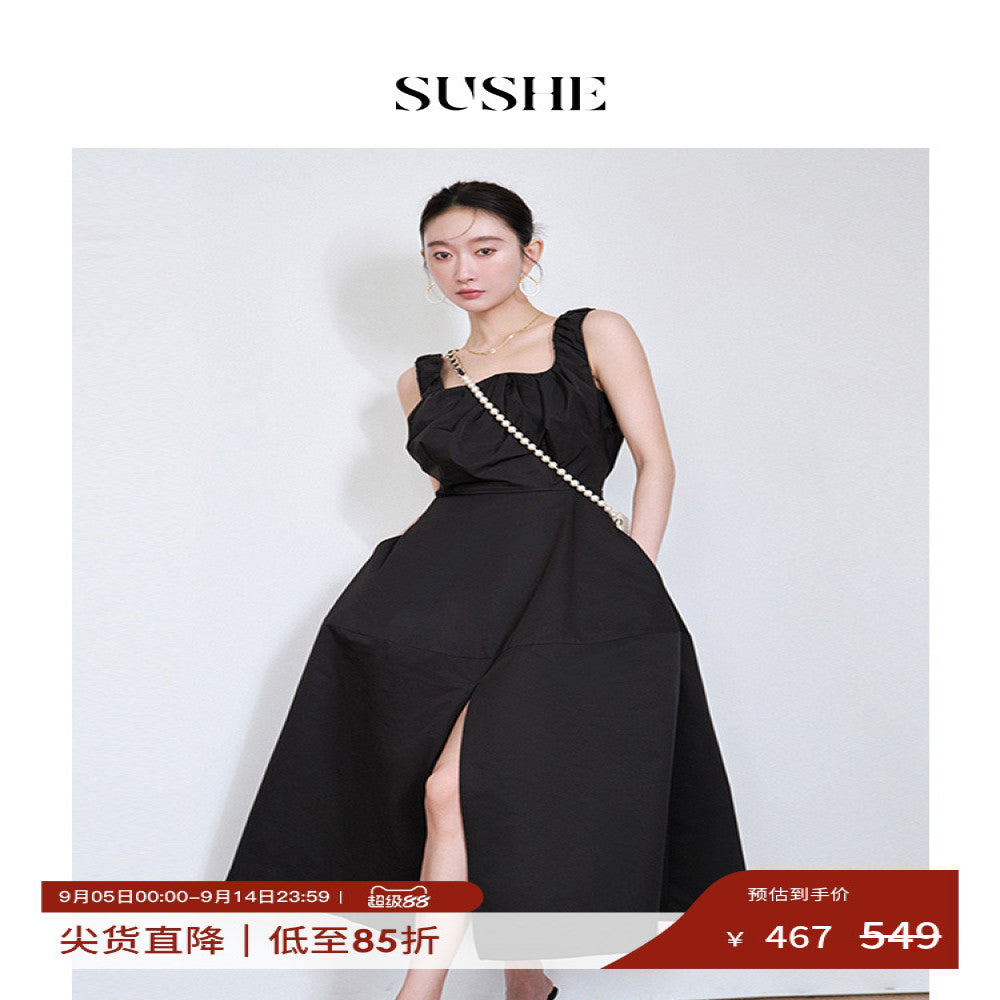 Shuxi SUSHE Row style lazy wave U neck tank top skirt high slit slimming black dress summer image 1