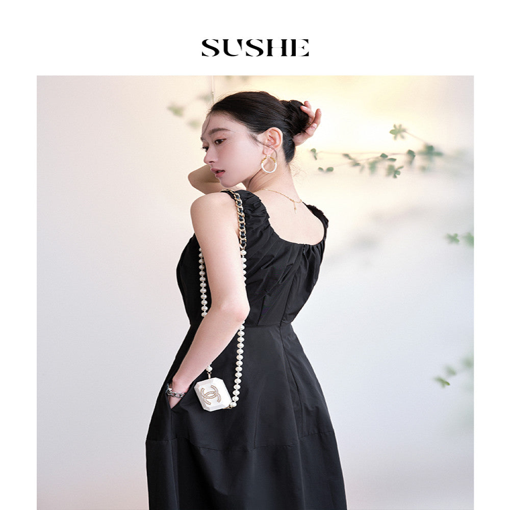 Shuxi SUSHE Row style lazy wave U neck tank top skirt high slit slimming black dress summer image 2
