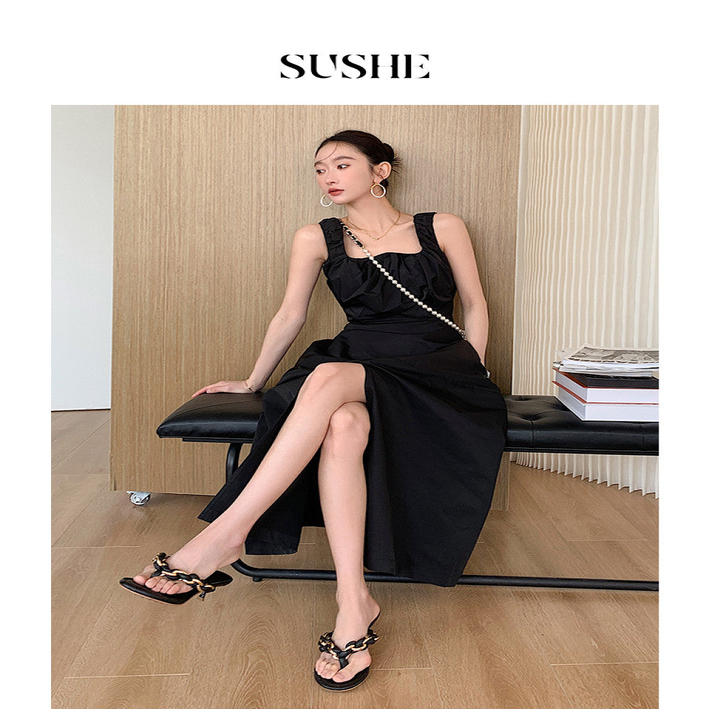 Shuxi SUSHE Row style lazy wave U neck tank top skirt high slit slimming black dress summer image 3