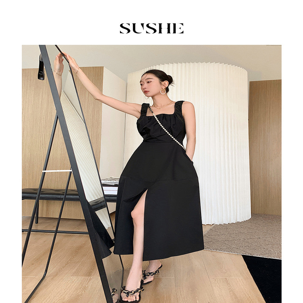 Shuxi SUSHE Row style lazy wave U neck tank top skirt high slit slimming black dress summer image 4