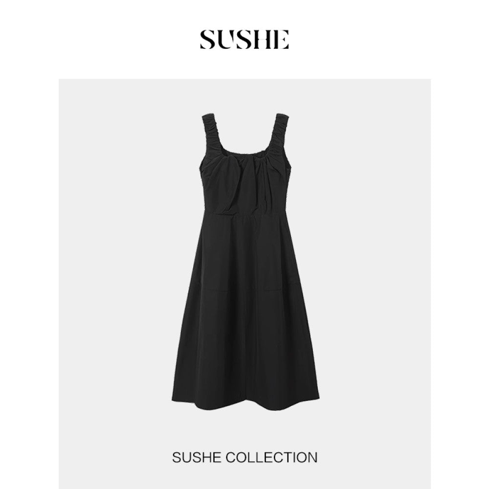 Shuxi SUSHE Row style lazy wave U neck tank top skirt high slit slimming black dress summer image 9