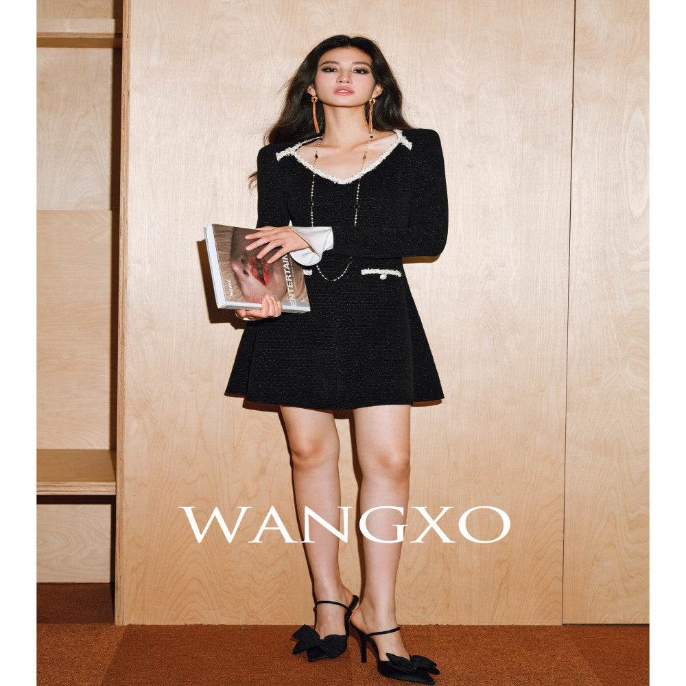 WANGXO Dark Night Star River Luxury Silver Silk Beibei Grid Detachable Trumpet Sleeve Small Fragrant Wind Dress image 0