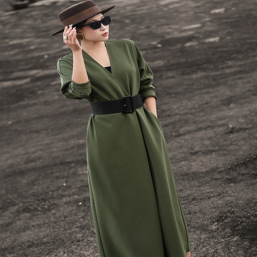 Lanser 2025 autumn new style temperament capable high end long sleeved V neck waist tie suit dress for women image 2